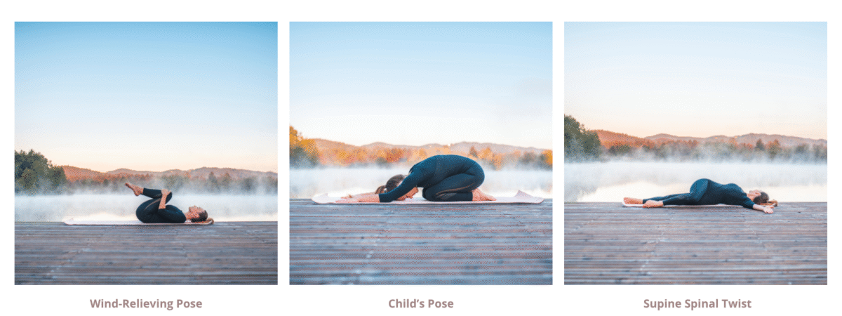 Three yoga poses that support digestive health: Wind-Relieving Pose, Child’s Pose, and Supine Spinal Twist, demonstrated outdoors on a wooden deck at sunrise.