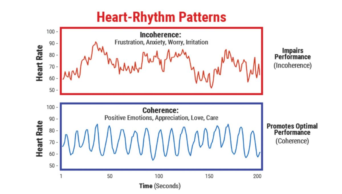 Heart rhythm chart comparing incoherent and coherent heart rate variability patterns.