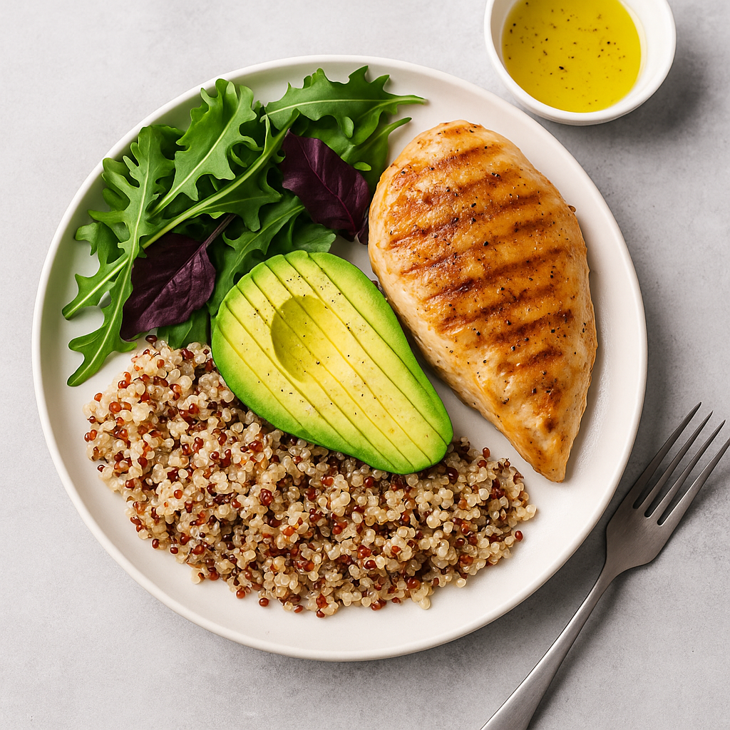 Fatty liver disease symptoms and treatment support: Healthy plate with avocado, greens, quinoa, and grilled chicken